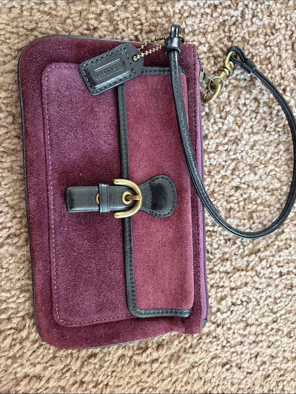 Coach Plum Suede Wristlet with Dark Brown Trim and Gold Hardware